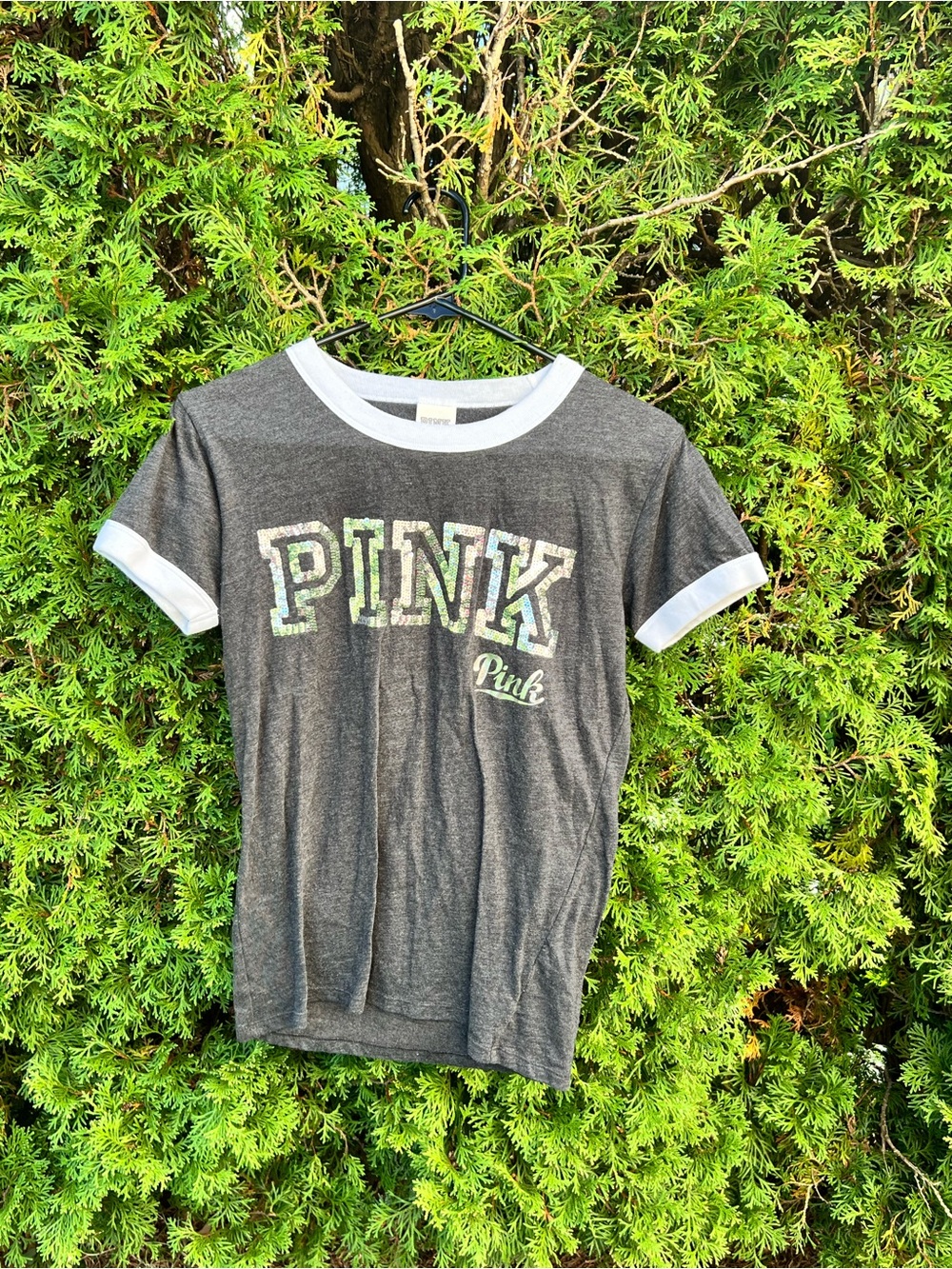 PINK Victoria's Secret Charcoal Ringer Tee with White Trim